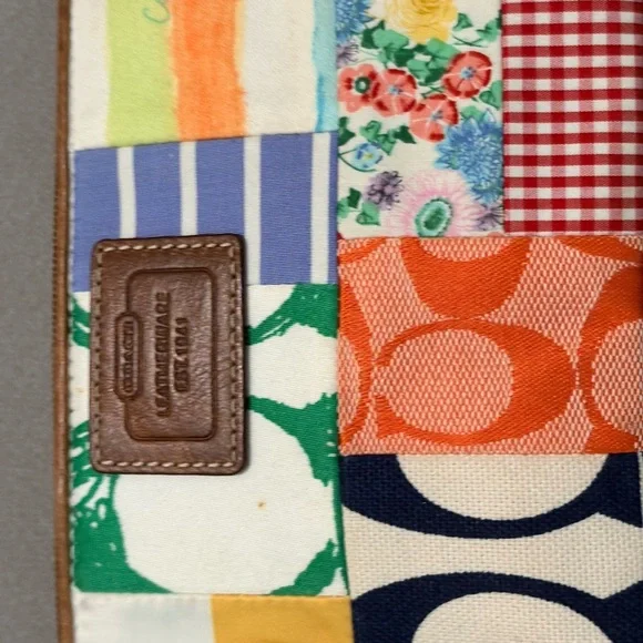 Coach Multicolor Patchwork Wristlet with Tan Leather Strap - Picture 10 of 11